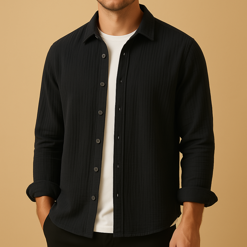 Henry, a men’s classic button-down shirt with long sleeves and a tailored fit. Comfortable, stylish, and versatile for casual, office, and formal wear.