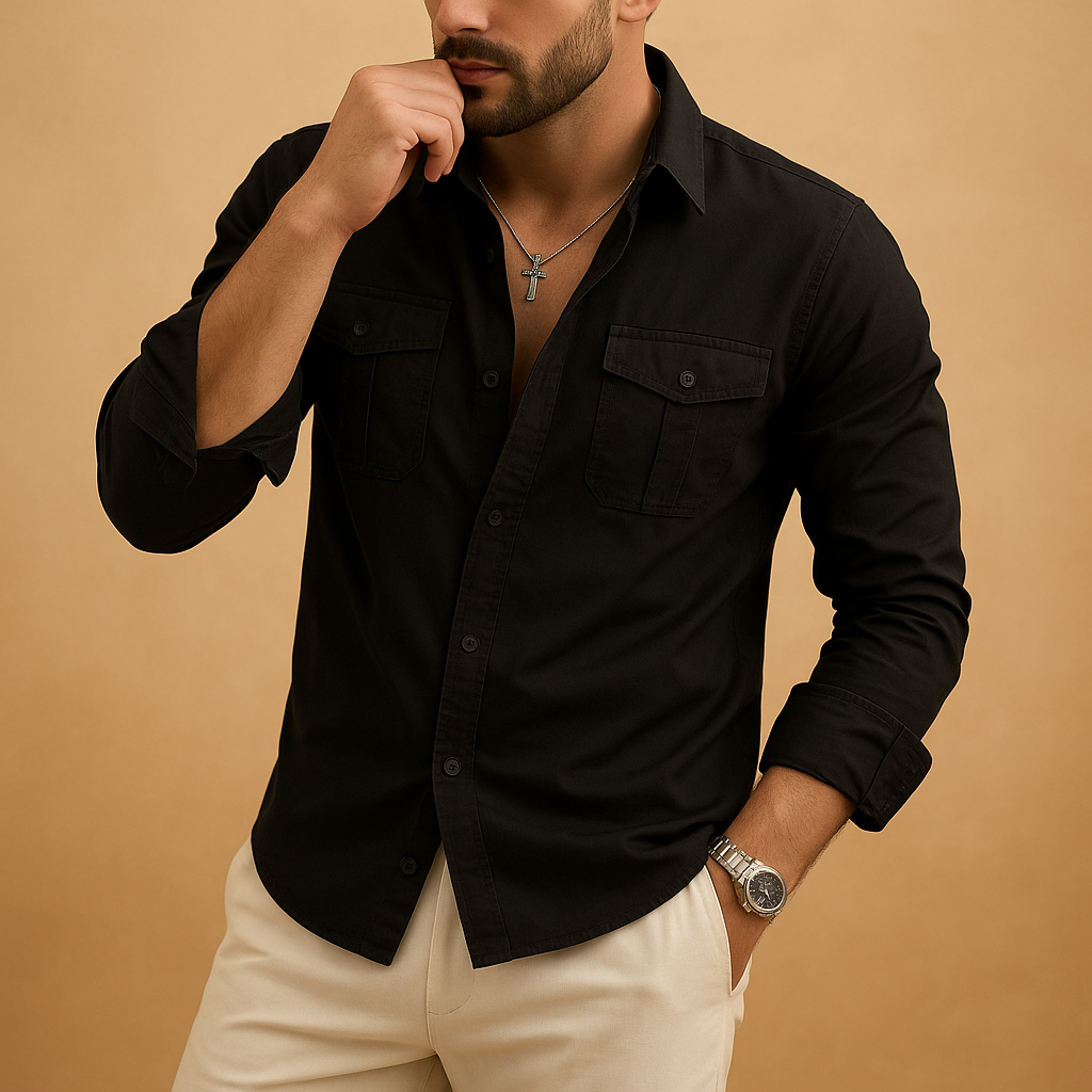 Men’s classic button-up shirt Adrian with notch collar and chest pocket, perfect for formal events, office wear, or casual occasions.