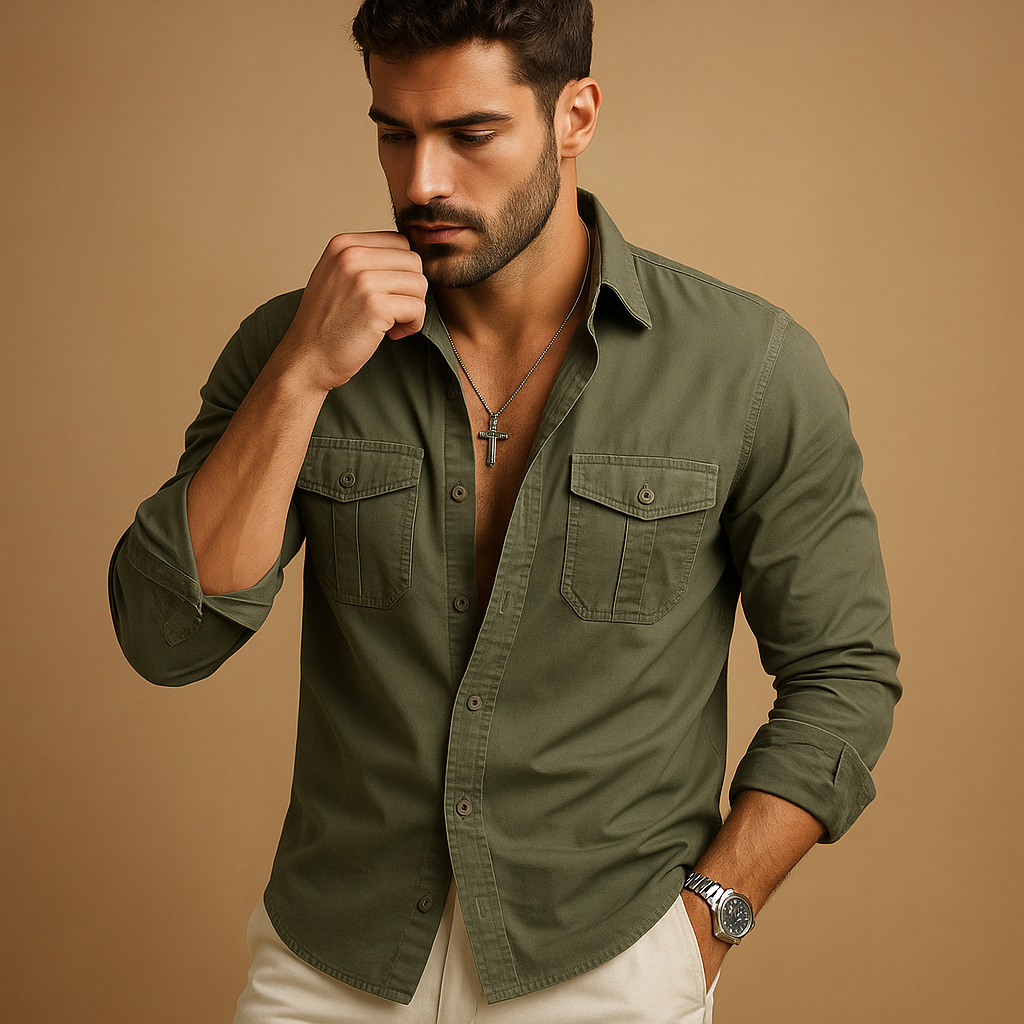 Men’s classic button-up shirt Adrian with notch collar and chest pocket, perfect for formal events, office wear, or casual occasions.
