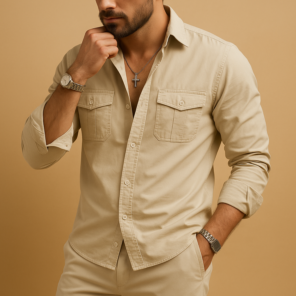 Men’s classic button-up shirt Adrian with notch collar and chest pocket, perfect for formal events, office wear, or casual occasions.