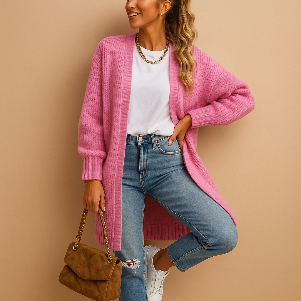 Women’s classic knitted cardigan with relaxed fit, open front design, and breathable soft fabric. Ideal for layering in winter and transitional seasons.