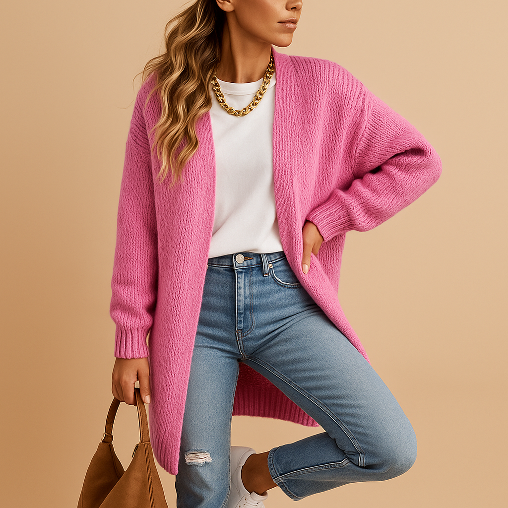 Women’s classic knitted cardigan with relaxed fit, open front design, and breathable soft fabric. Ideal for layering in winter and transitional seasons.