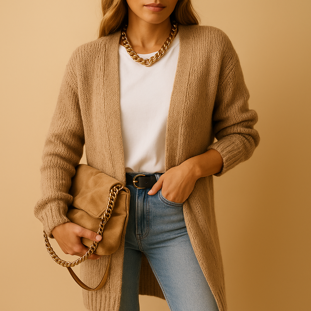 Women’s classic knitted cardigan with relaxed fit, open front design, and breathable soft fabric. Ideal for layering in winter and transitional seasons.