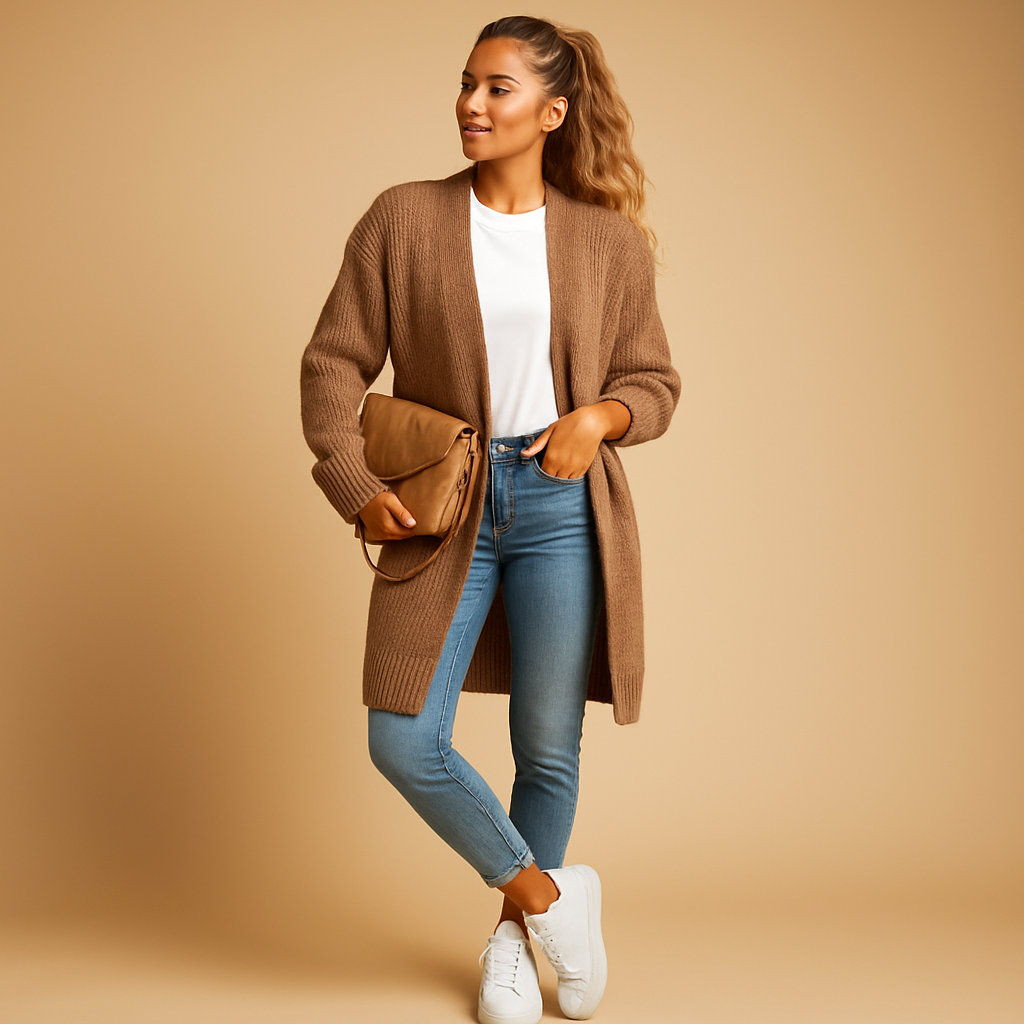 Women’s classic knitted cardigan with relaxed fit, open front design, and breathable soft fabric. Ideal for layering in winter and transitional seasons.