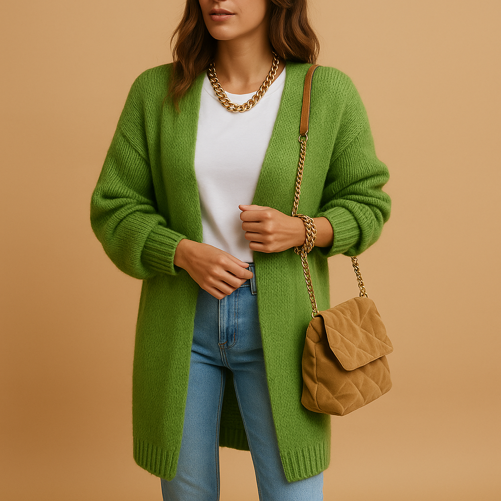 Women’s classic knitted cardigan with relaxed fit, open front design, and breathable soft fabric. Ideal for layering in winter and transitional seasons.