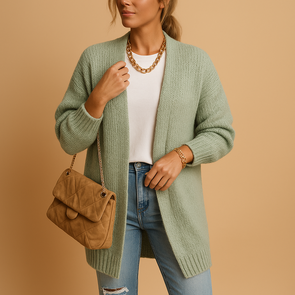 Women’s classic knitted cardigan with relaxed fit, open front design, and breathable soft fabric. Ideal for layering in winter and transitional seasons.