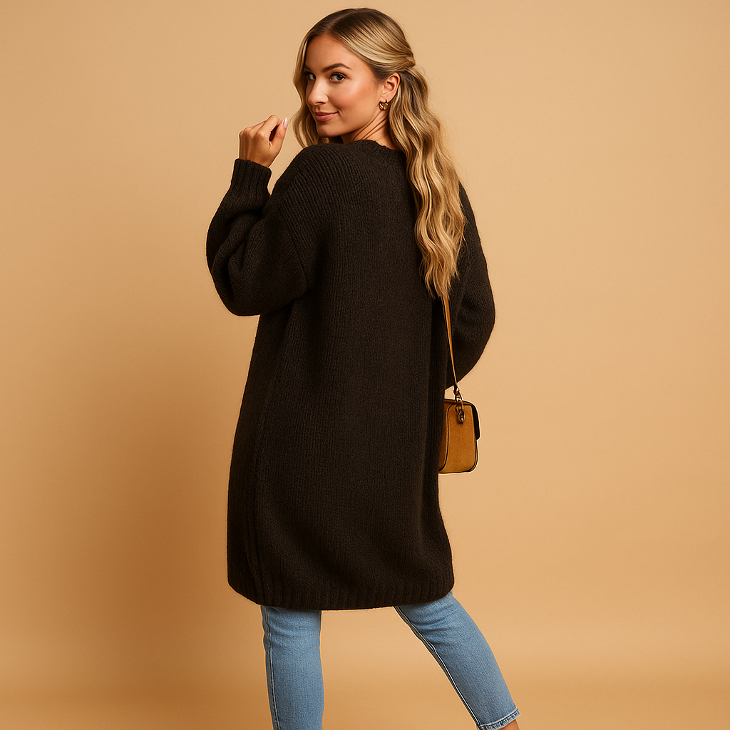 Women’s classic knitted cardigan with relaxed fit, open front design, and breathable soft fabric. Ideal for layering in winter and transitional seasons.