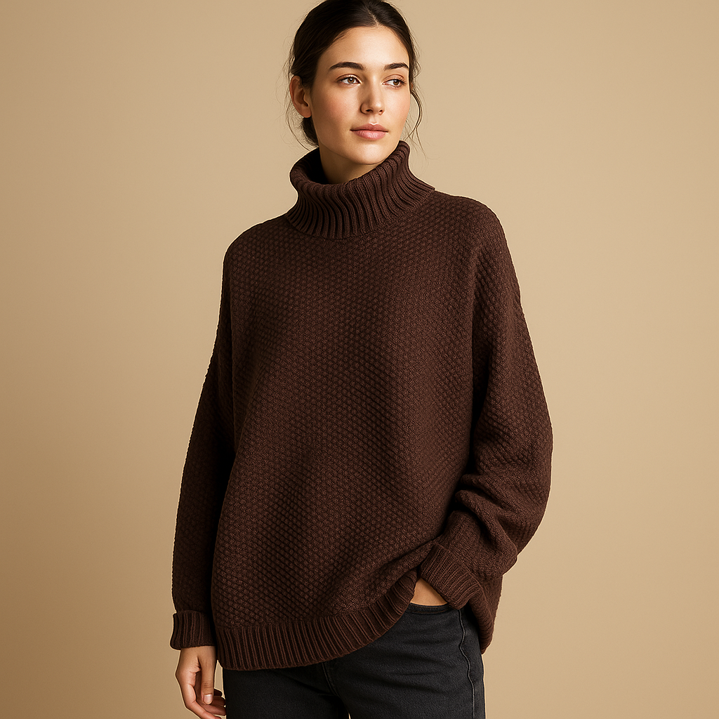 Women’s classic knitted turtleneck sweater in neutral seasonal colors, with soft collar and timeless fit, ideal for casual or formal outfits.