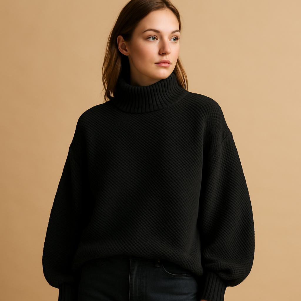 Women’s classic knitted turtleneck sweater in neutral seasonal colors, with soft collar and timeless fit, ideal for casual or formal outfits.