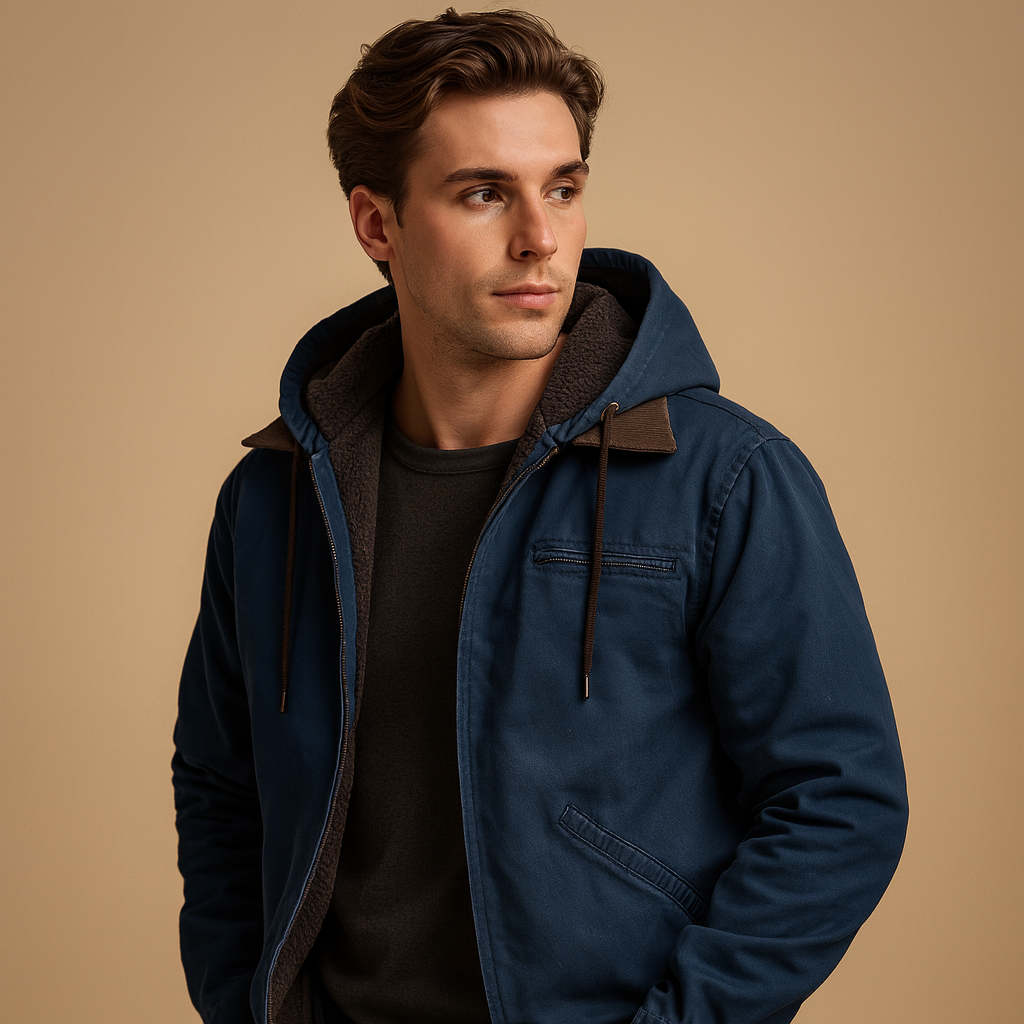 Men’s classic winter jacket with hood and soft inner lining, warm and stylish for cold winter days and outdoor wear.