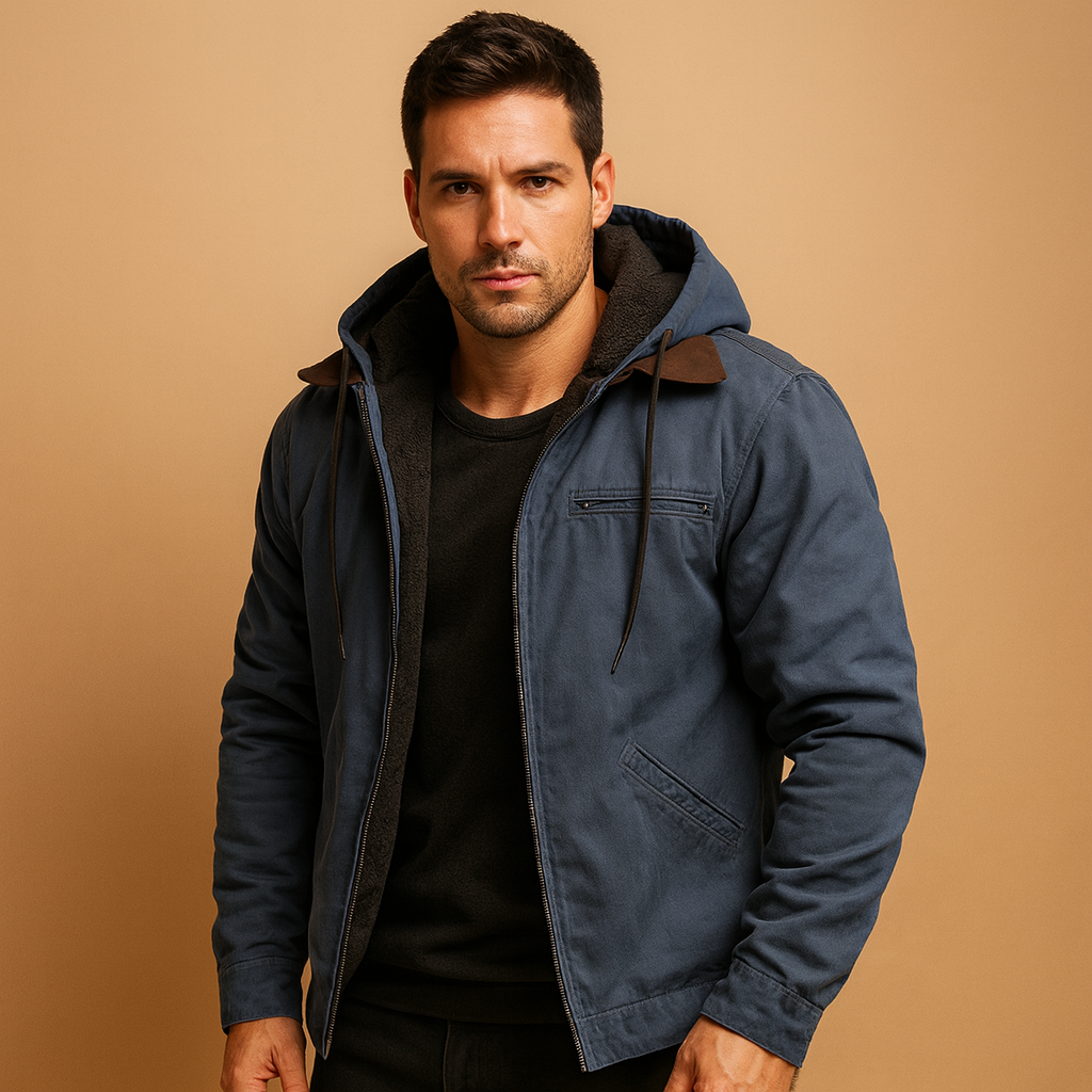 Men’s classic winter jacket with hood and soft inner lining, warm and stylish for cold winter days and outdoor wear.