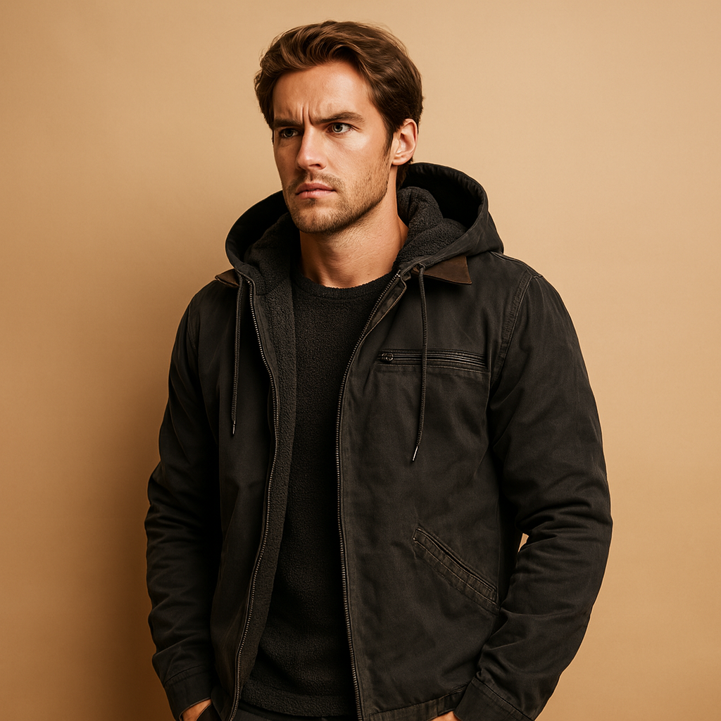 Men’s classic winter jacket with hood and soft inner lining, warm and stylish for cold winter days and outdoor wear.