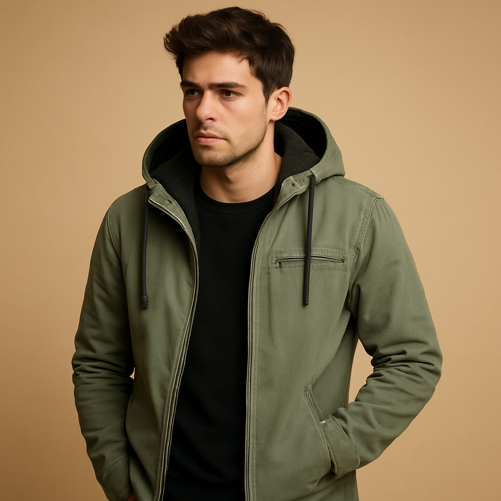 Men’s classic winter jacket with hood and soft inner lining, warm and stylish for cold winter days and outdoor wear.