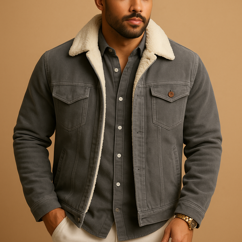Men’s corduroy jacket with slim modern fit, available in khaki, coffee, green, and grey — ideal for casual and formal occasions.