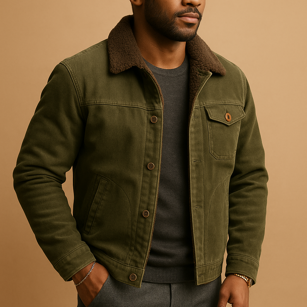 Men’s corduroy jacket with slim modern fit, available in khaki, coffee, green, and grey — ideal for casual and formal occasions.