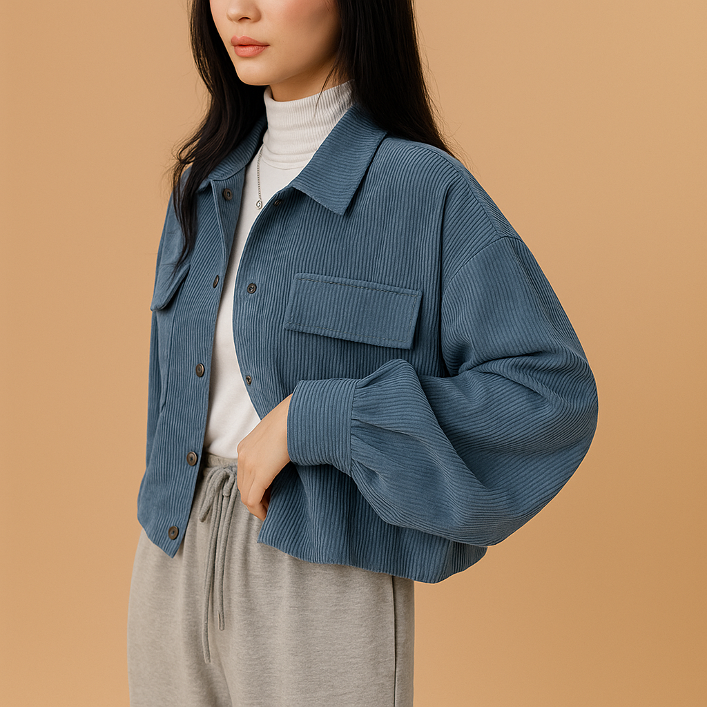 Lightweight corduroy summer jacket for women in breathable design, perfect for casual wear and warm-weather layering.