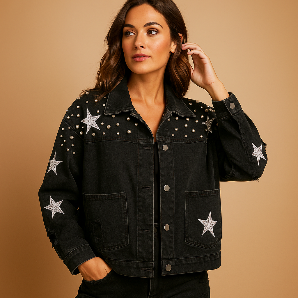 Cropped denim jacket for women with a relaxed fit and classic button-up design, perfect for layering and casual everyday wear.