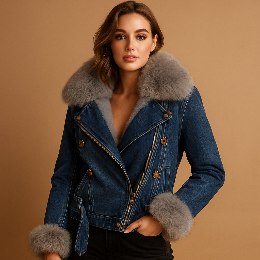 Women’s cropped denim winter jacket in classic blue with soft faux fur lining. A warm and stylish choice for cold days and everyday wear.