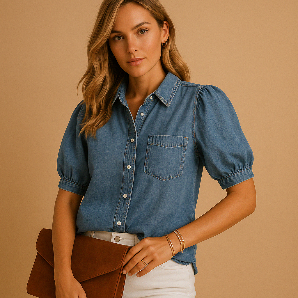 Women’s denim button-up blouse with tailored fit and long sleeves, perfect for casual outfits, fall fashion, and layered looks.