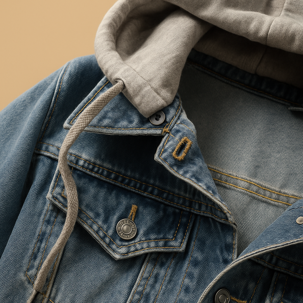 Women’s denim jacket with hood, lightweight breathable design, and front pockets. Perfect for summer outfits, casual wear, and layering.