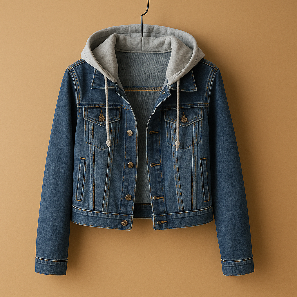 Women’s denim jacket with hood, lightweight breathable design, and front pockets. Perfect for summer outfits, casual wear, and layering.