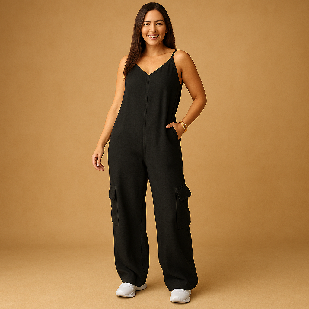 Denim V-neck jumpsuit for women with open back and crossed straps, made from breathable cotton for casual days, festivals, and summer outings.