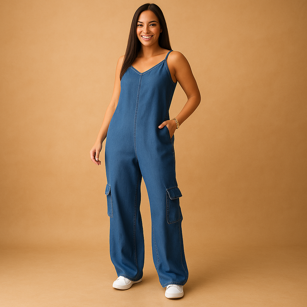 Denim V-neck jumpsuit for women with open back and crossed straps, made from breathable cotton for casual days, festivals, and summer outings.