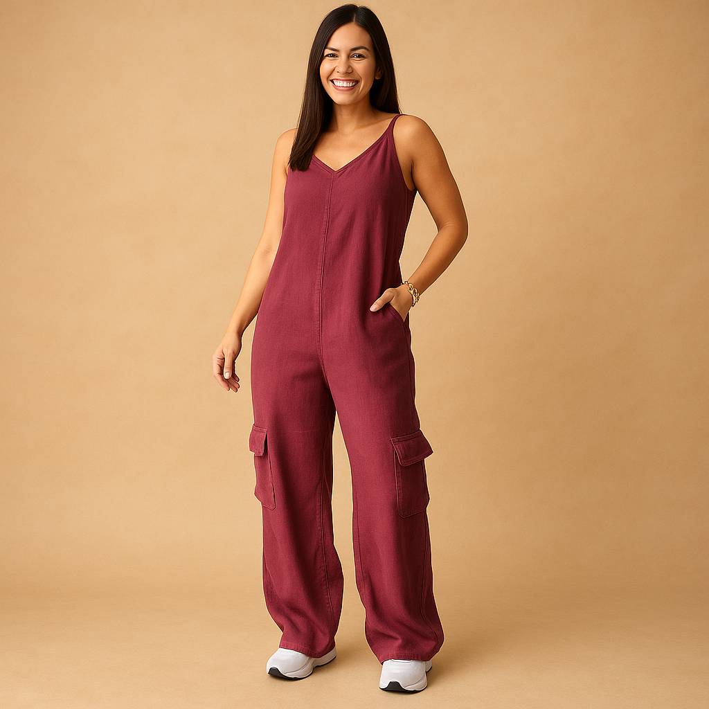 Denim V-neck jumpsuit for women with open back and crossed straps, made from breathable cotton for casual days, festivals, and summer outings.