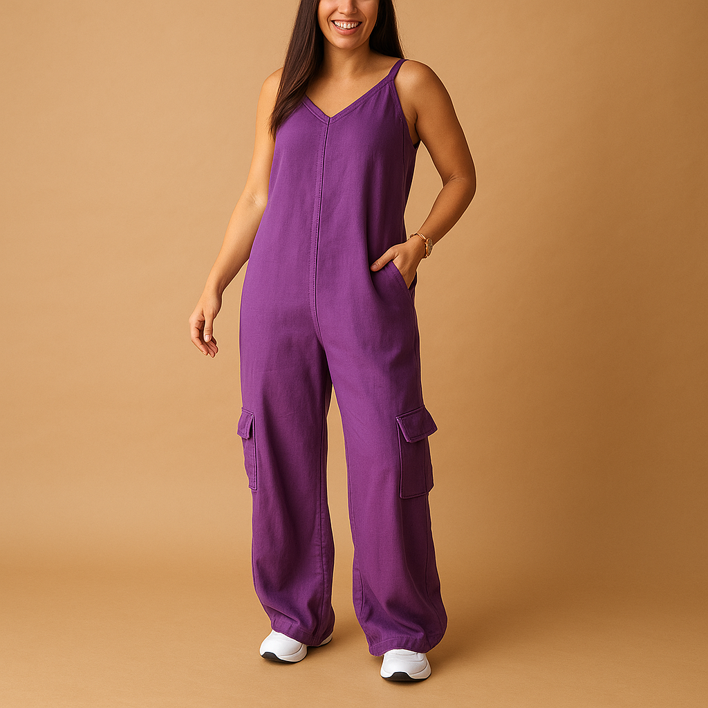Denim V-neck jumpsuit for women with open back and crossed straps, made from breathable cotton for casual days, festivals, and summer outings.