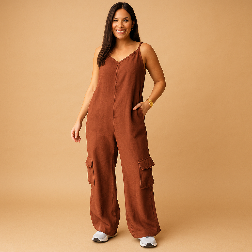 Denim V-neck jumpsuit for women with open back and crossed straps, made from breathable cotton for casual days, festivals, and summer outings.
