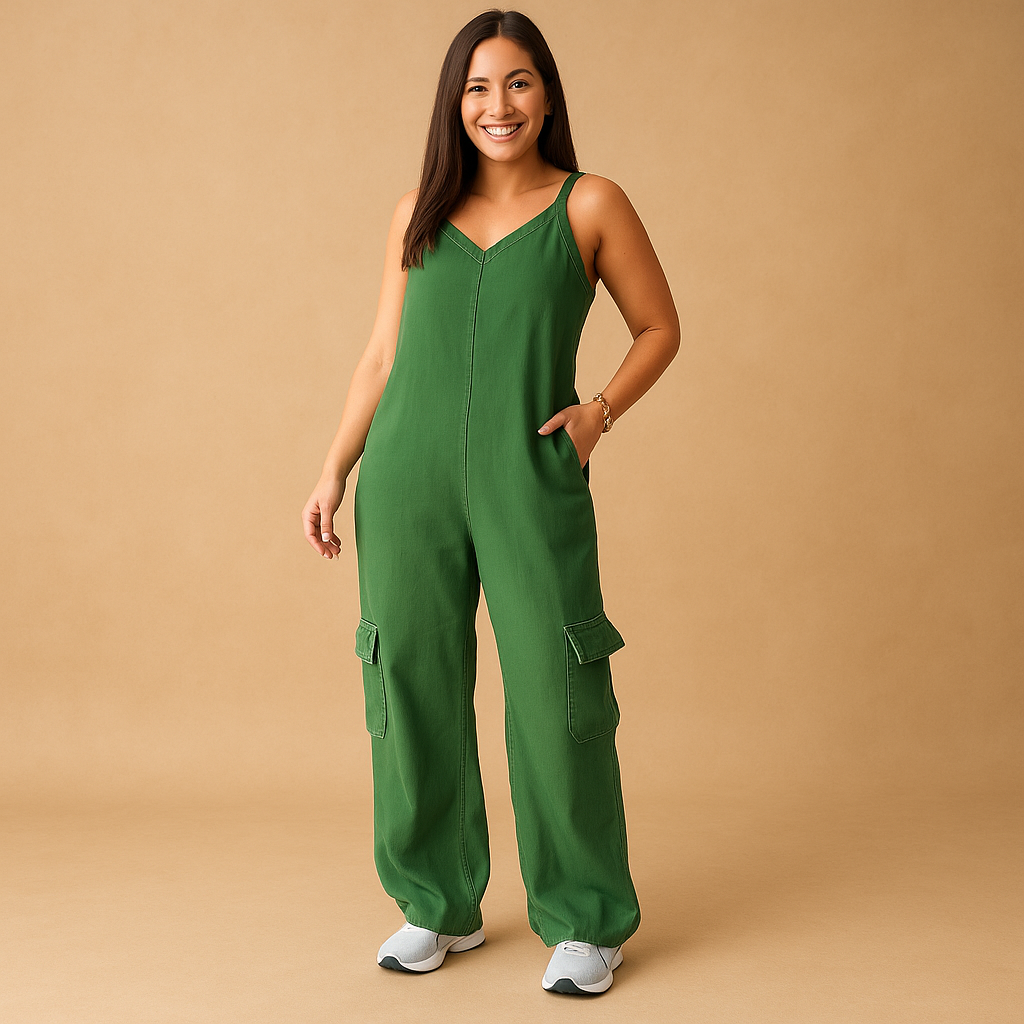 Denim V-neck jumpsuit for women with open back and crossed straps, made from breathable cotton for casual days, festivals, and summer outings.