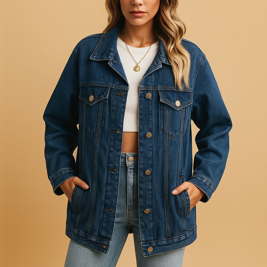 Denim winter jacket for women in classic blue with button closure and warm lining, perfect for stylish and cozy winter days.