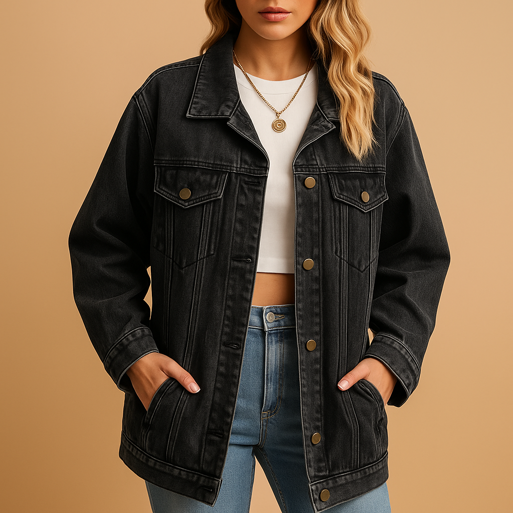 Denim winter jacket for women in classic blue with button closure, combining casual charm and cozy warmth for winter days.