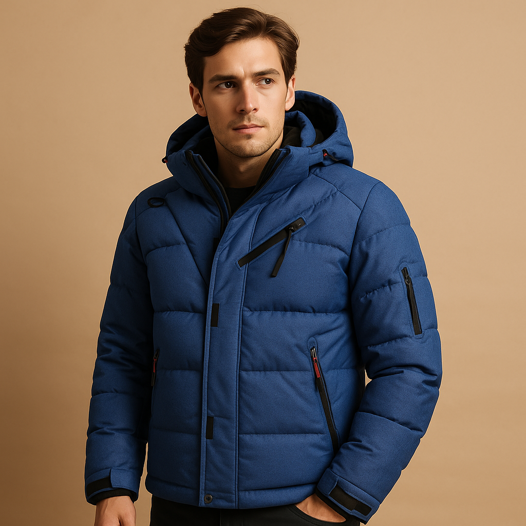Men’s down parka jacket with detachable hood and warm insulation, ideal for cold winter days and outdoor activities.