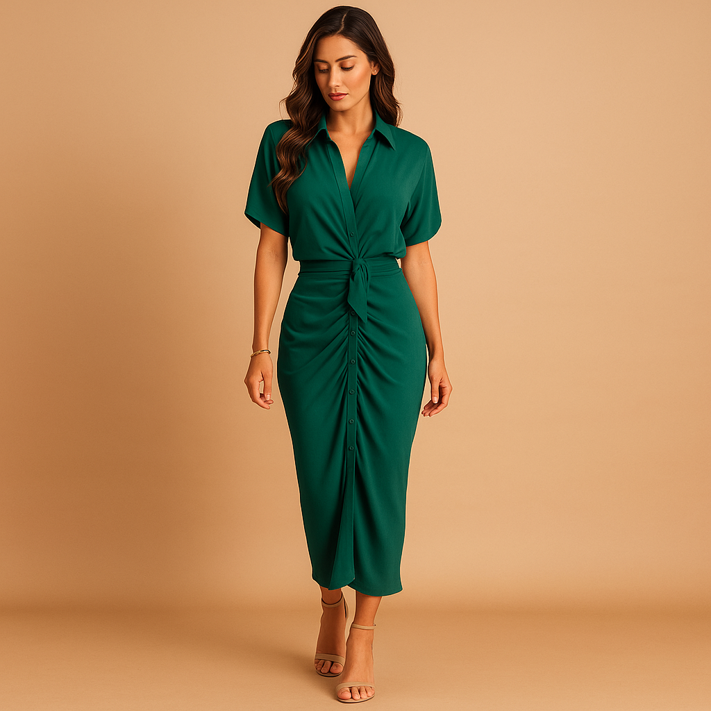 Women’s elegant ankle length dress with V-neck, drapery, and subtle ruffles, available in sizes S to 3XL, perfect for galas and formal occasions.