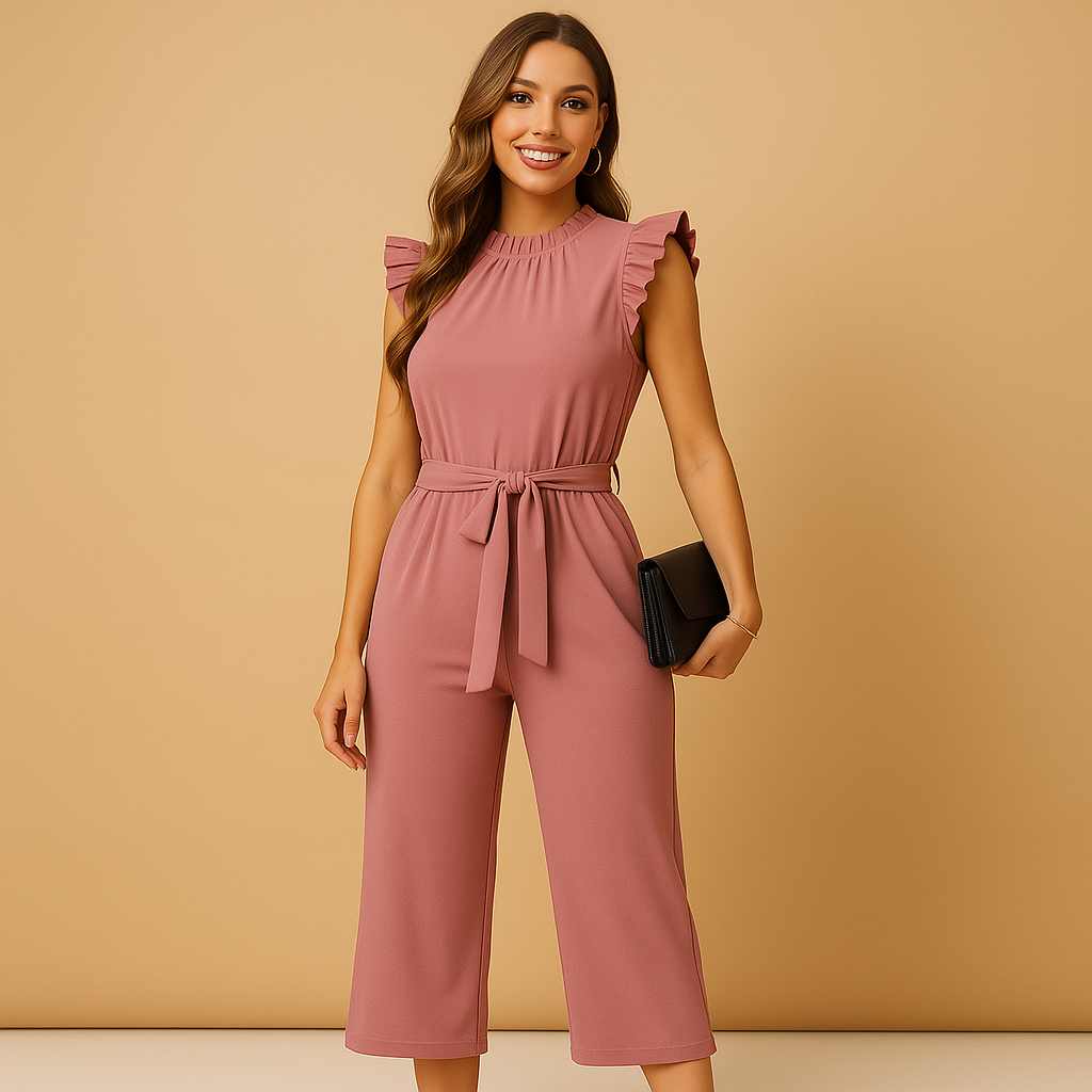 Elegant belted jumpsuit for women with a high neckline, cap sleeves, and tailored fit, perfect for formal occasions and stylish evenings.