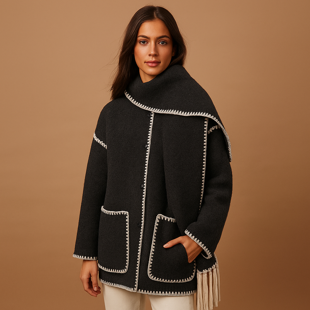 Elegant belted winter coat for women with detachable scarf and warm lining, perfect for everyday wear or special occasions.