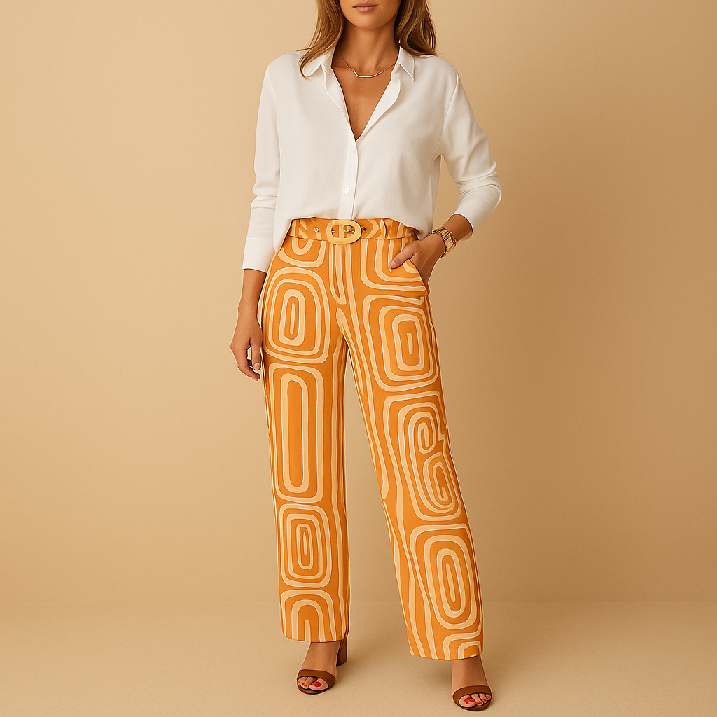 Women’s elegant two-piece set with long-sleeve blouse and matching pants, perfect for work, casual days, or stylish evenings out.