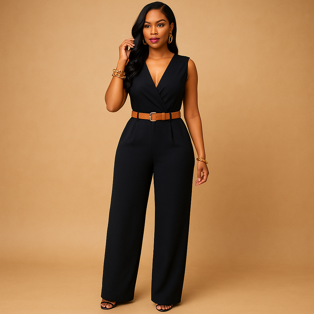 Elegant deep V-neck jumpsuit for women with a high waist and flowing design, perfect for evening events, parties, and special occasions.