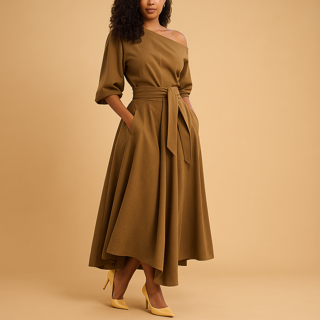 Elegant women’s dress with flattering waistband, ideal for casual outings, parties, and weddings, offering comfort and timeless style.