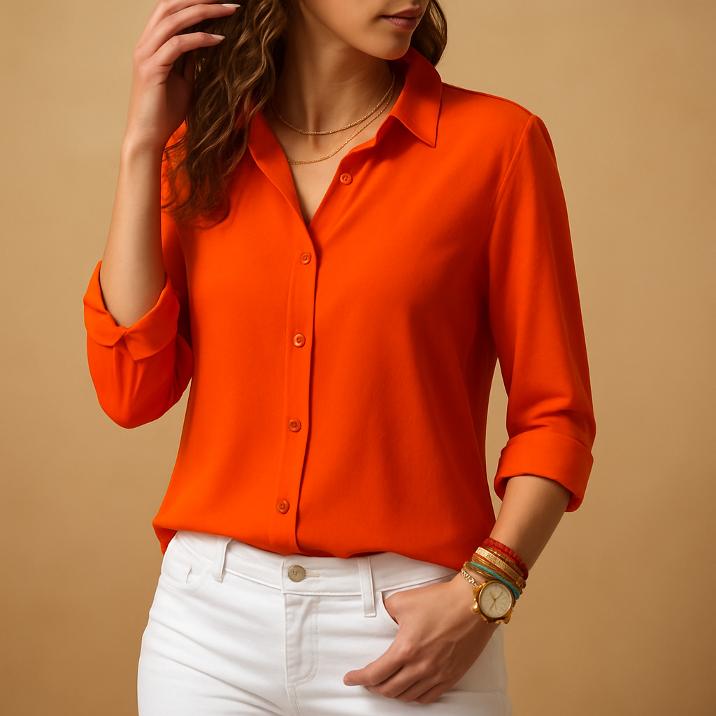 Women’s elegant long sleeve blouse with V-neck and button closure, perfect for work, casual, or evening wear.
