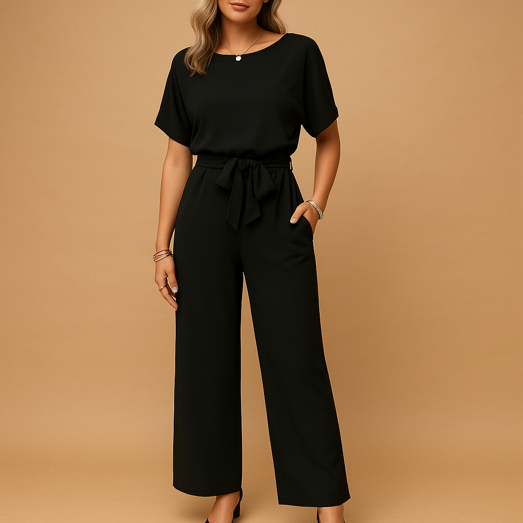 Elegant long-sleeve jumpsuit for women with tailored fit and flowy sleeves, perfect for formal occasions, galas, and evening events.