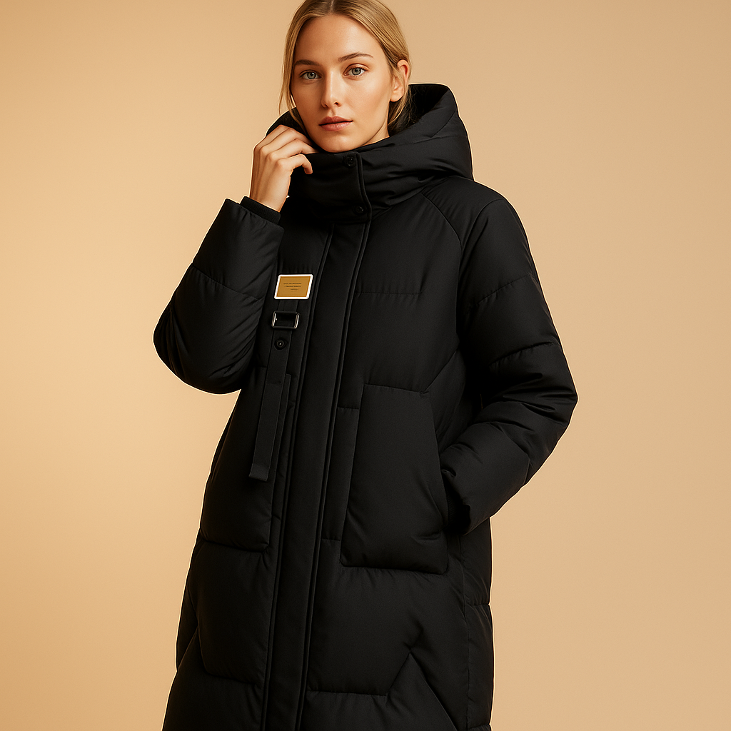 Elegant long winter coat for women with tailored fit, soft lining, and practical side pockets, perfect for stylish and warm winter days.