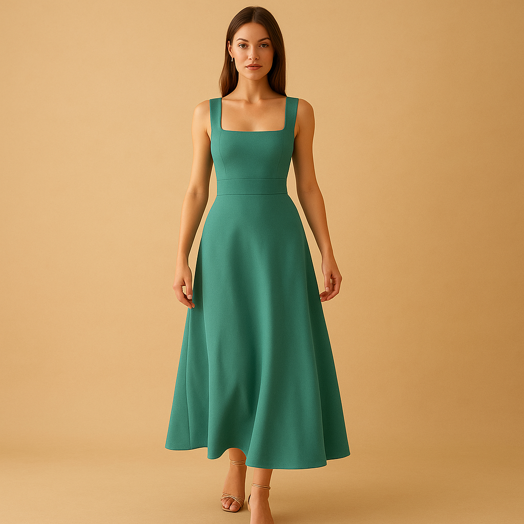 Elegant square neck midi dress for women with wide straps and lace-up waist, ideal for work, weddings, parties, and casual wear.