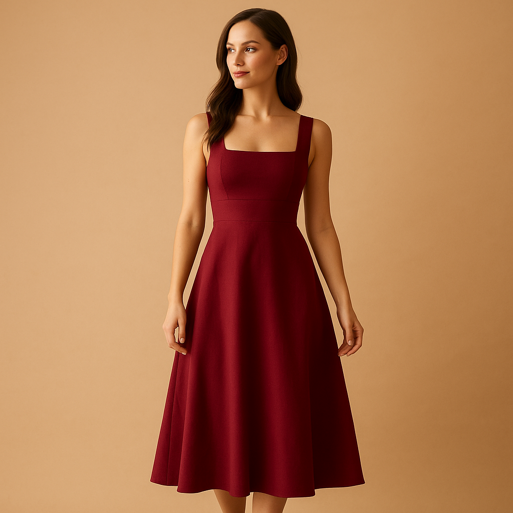 Elegant square neck midi dress for women with wide straps and lace-up waist, ideal for work, weddings, parties, and casual wear.