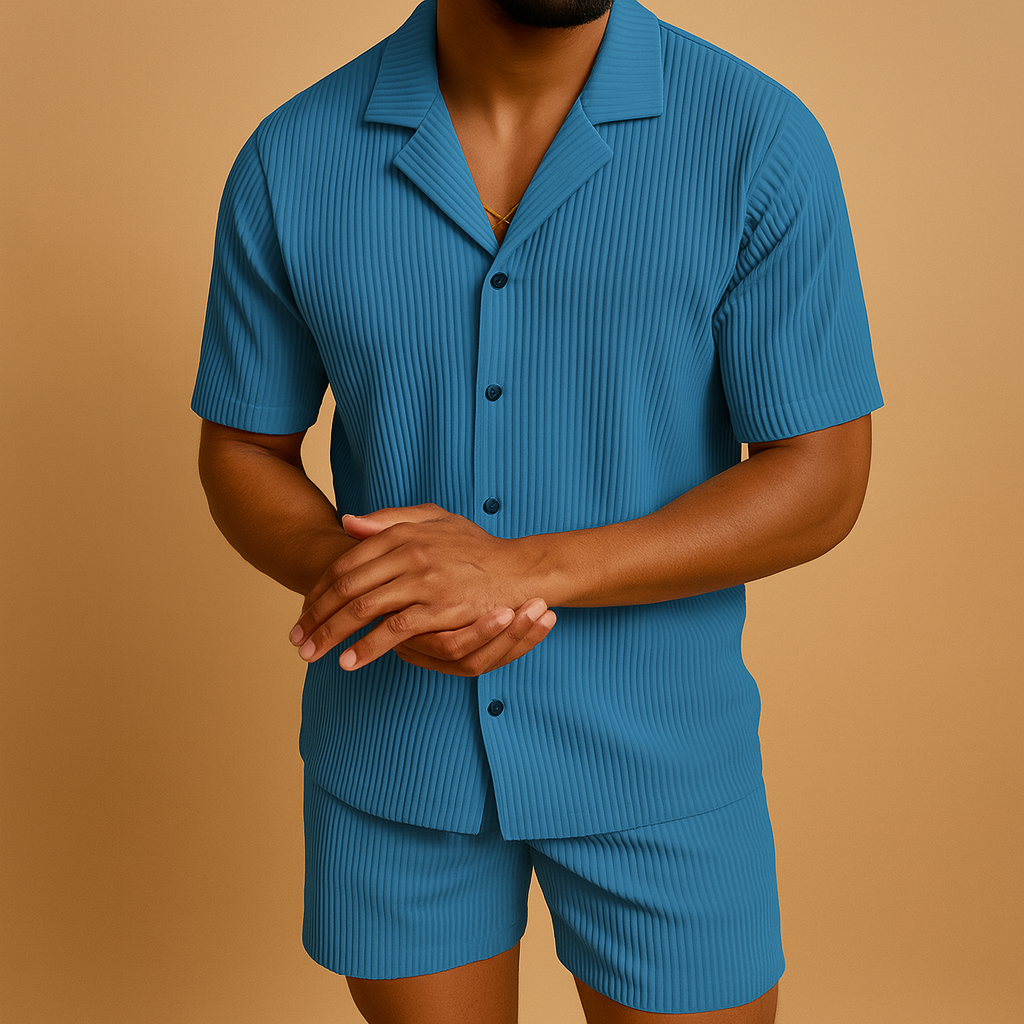 Elegant two-piece summer outfit for men with refined details and lightweight fabric, perfect for vacations, events, and stylish casual days.