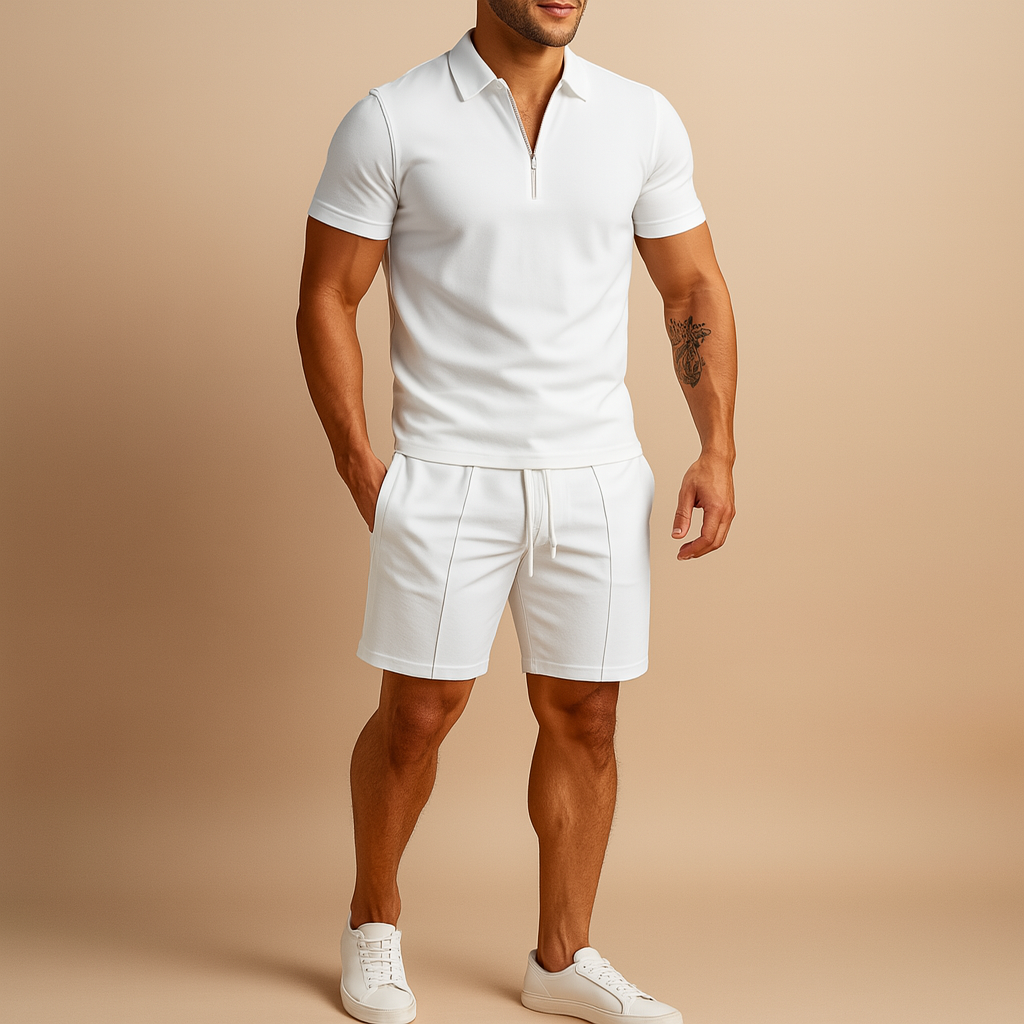 Elegant summer set for men with matching polo and shorts, perfect for casual dinners, vacations, and stylish summer days.