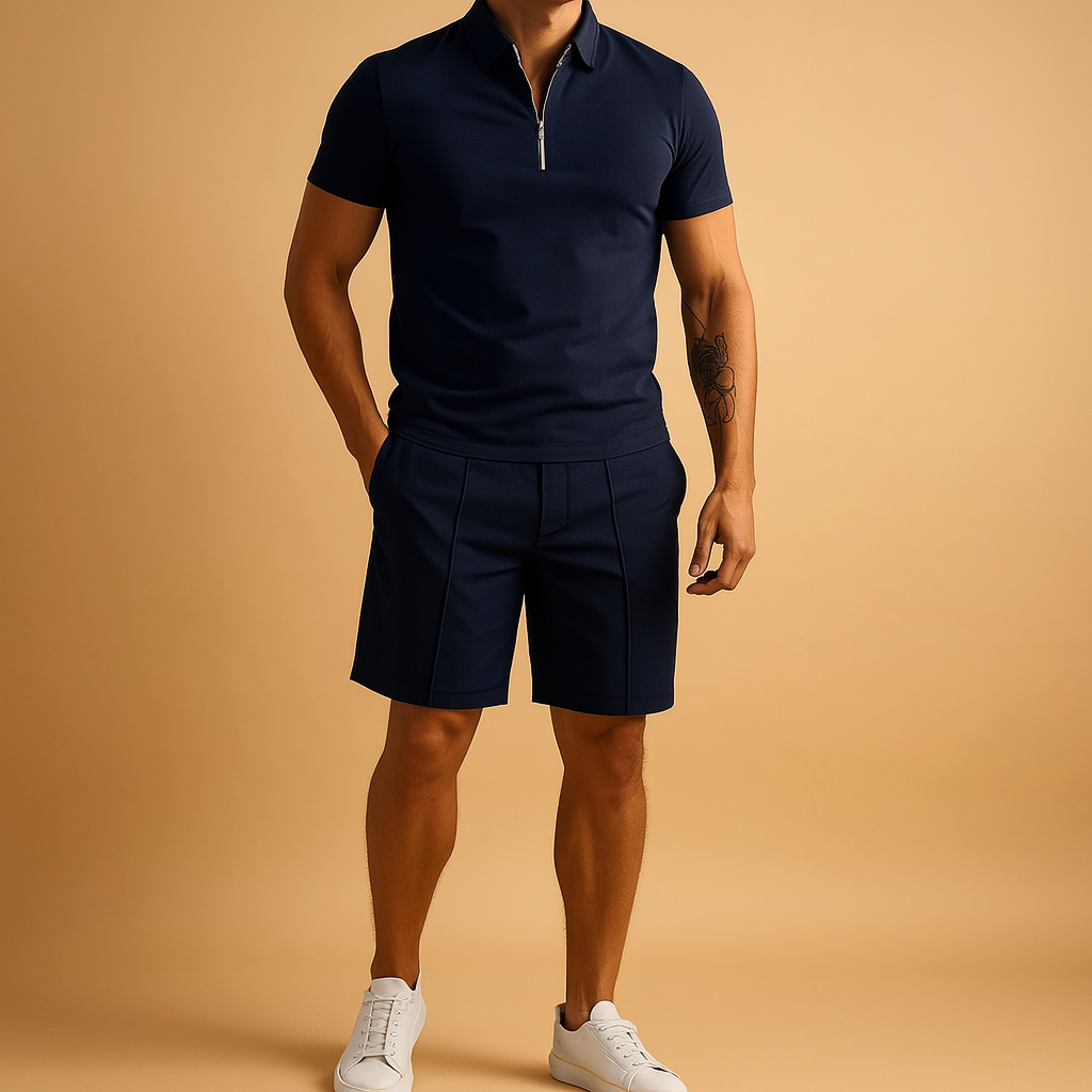 Elegant summer set for men with matching polo and shorts, perfect for casual dinners, vacations, and stylish summer days.