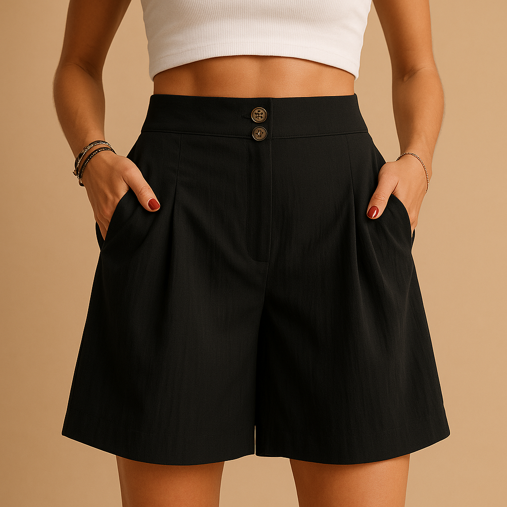 Women’s elegant summer shorts with flattering fit and stylish double button detail, perfect for brunch, garden parties, and daily summer outfits.
