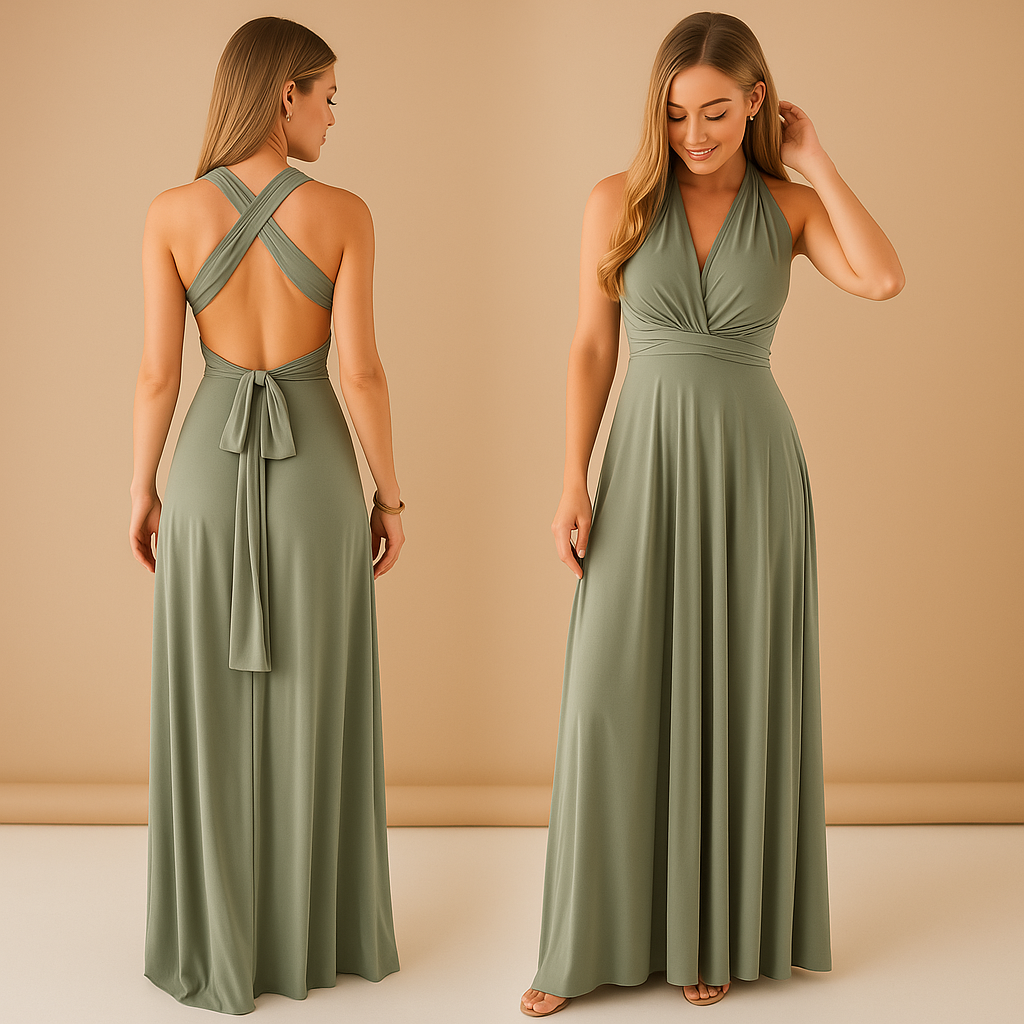 Women’s elegant wrap dress with extra-long straps and pleated waist, 20+ styling options, perfect for weddings, parties, and formal occasions.
